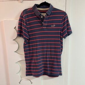 Hollister Blue and Red Polo Shirt Classic Striped Design